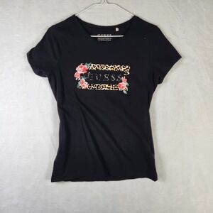 GUESS Leopard Floral Graphic Tee T-Shirt Black Organic Cotton Women's‎ Large